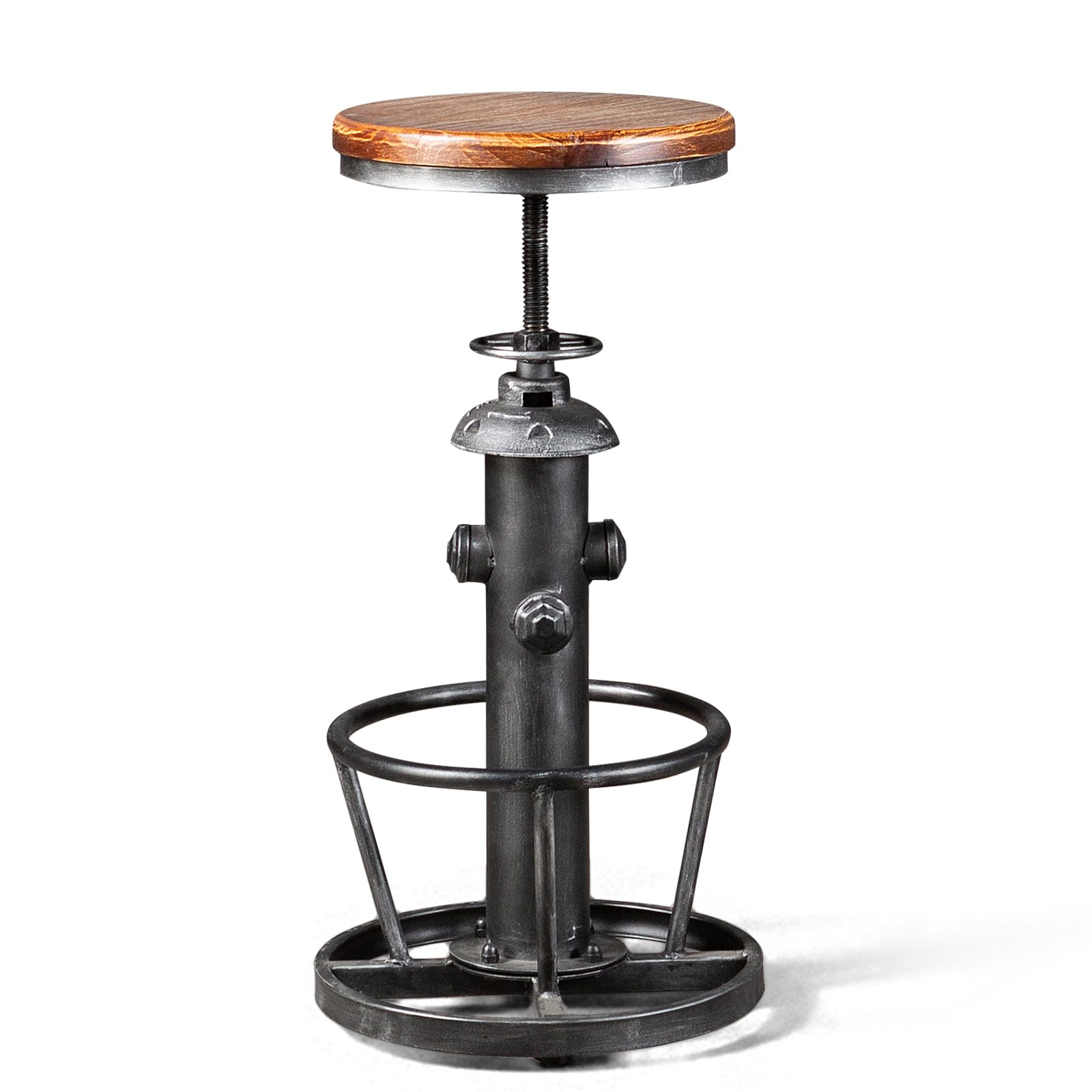 BOKKOLIK Swivel Bar Stool Industrial Coffee Kitchen Dining Chair Fire Hydrant Design Height Adjustable 24.8-30.7inch Wooden Seat