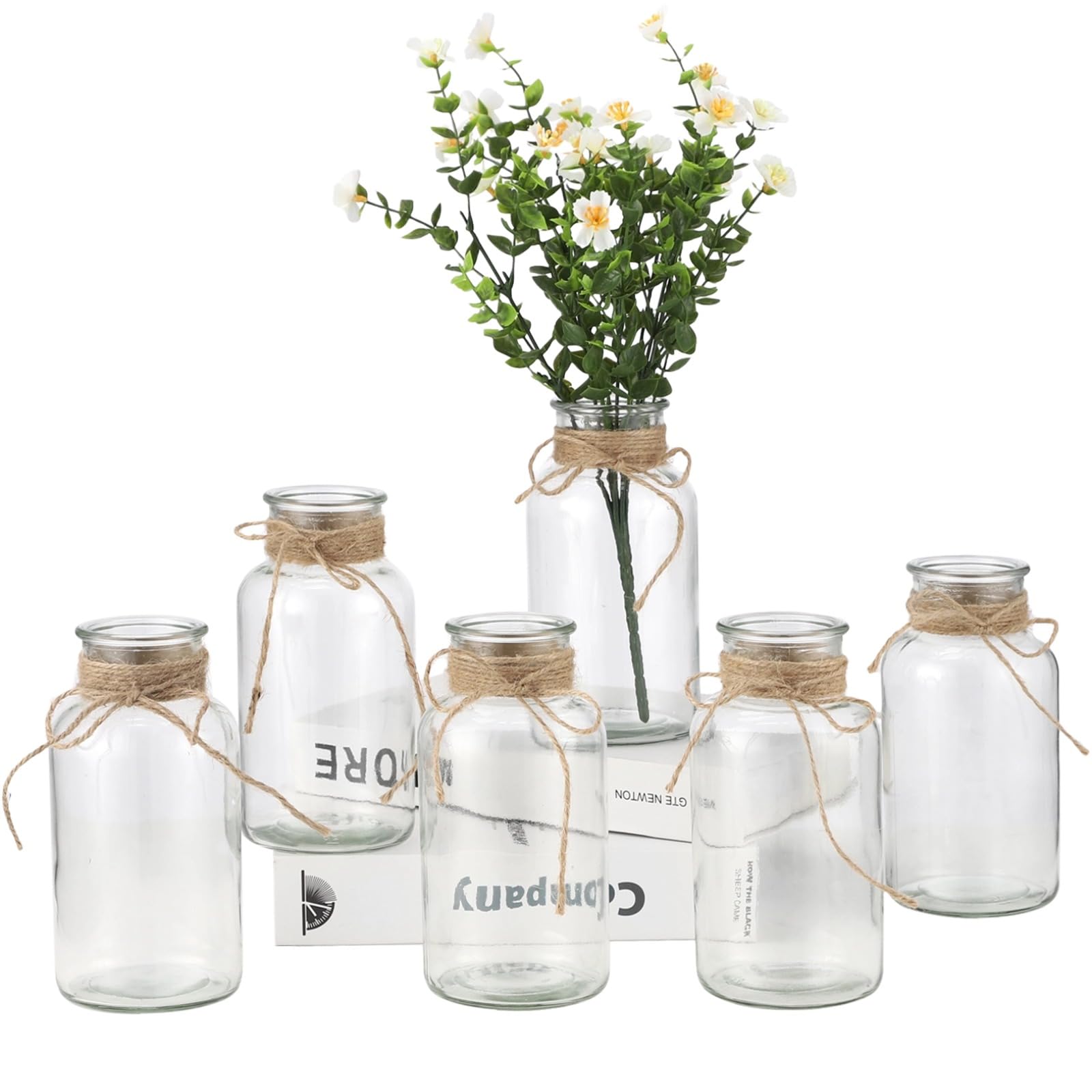 6 Stück Vintage-Glasblumenvasen-Set mit handgewickeltem Juteseil, klare Glasvasen für Tischmitte, dekorative Tischvasen, 16 x 7,9 cm, für Hochzeitsdeko und Wohnraum