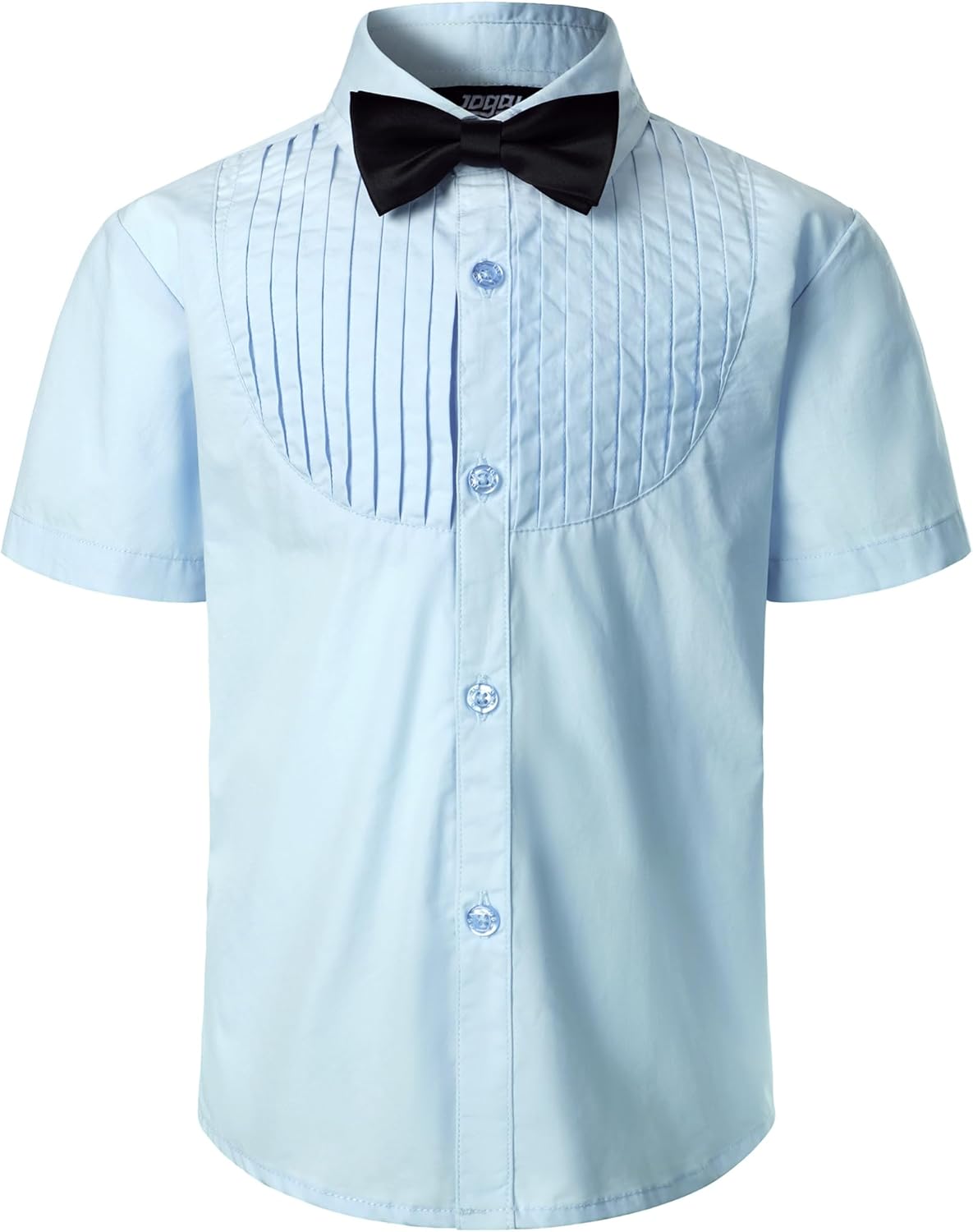 JOGAL Boys Short Sleeve Dress Shirts Kids Pleated Tuxedo Shirt with Bow Tie for 6-14 Years Old