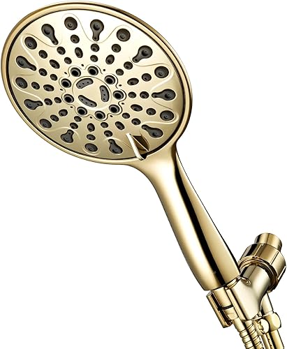 Cabezal de ducha de mano, cara de latón pulido de 6 pulgadas, cabezal de ducha con 6 ajustes de rociado con alta presión, montaje de bola giratoria