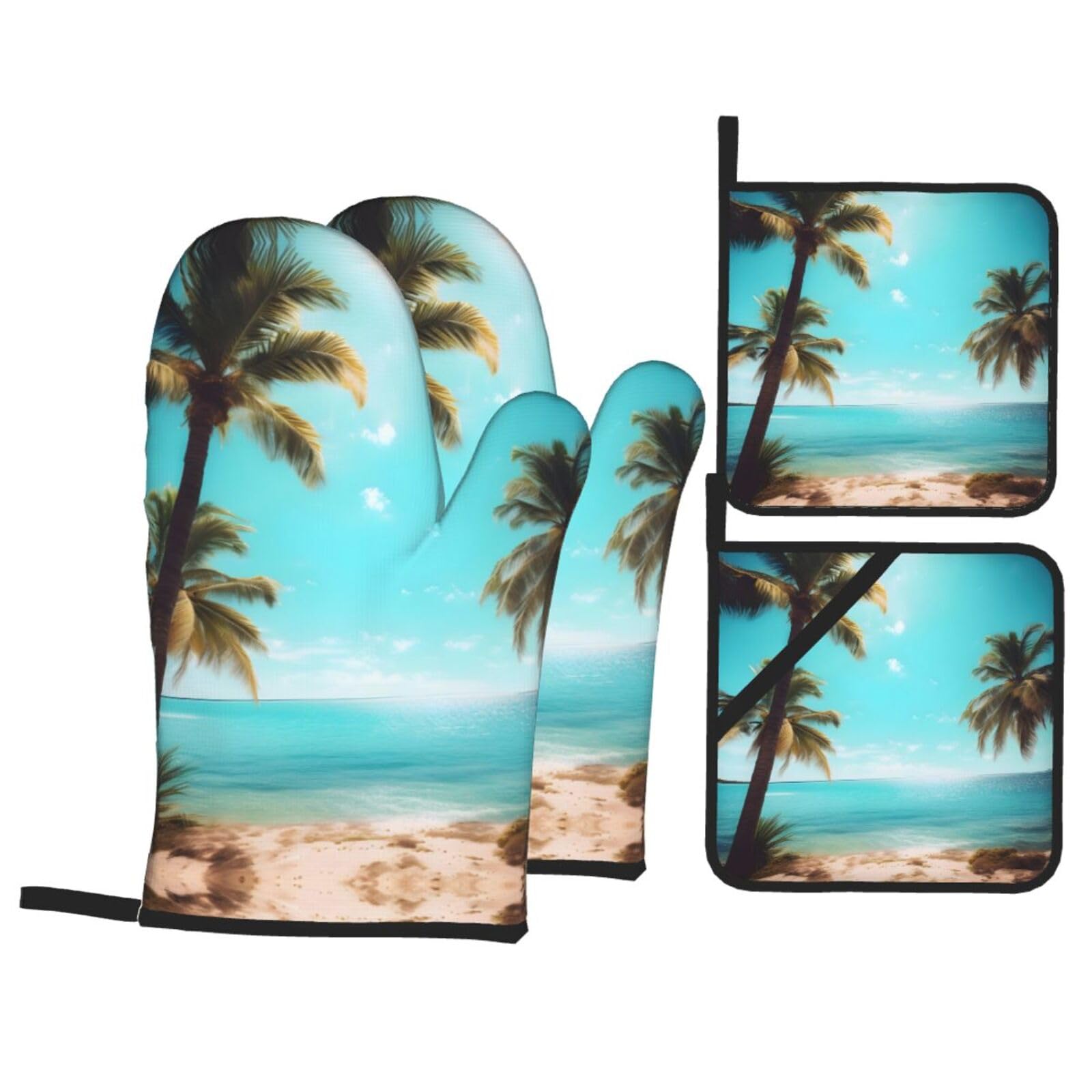 Palm Trees and Sea Print Oven Microwaving Waterproof Kitchen Gloves for Baking Grilling Holiday Cooking