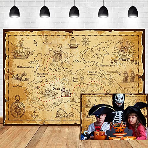 OERJU 5x4ft Pirate Treasure Map Backdrop Retro Old Maps Island Adventure Navigation Ships Boat Compass Skull World Travel Photography Background Kids Boys Birthday Party Decor Vinyl Studio Props
