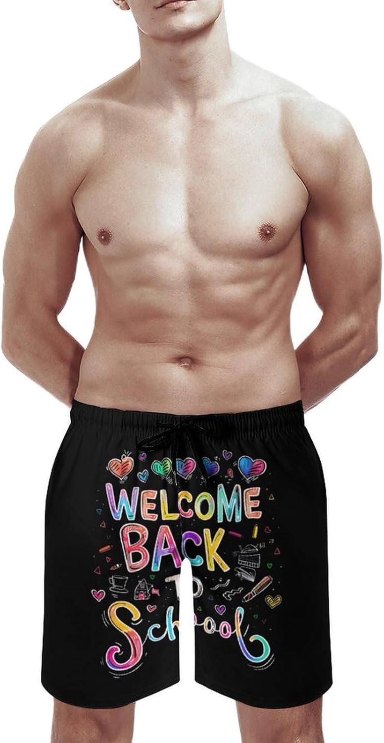 Welcome Back to School Casual Men's Swim Trunks Novelty Summer Beach Shorts Swimwear with Pocket