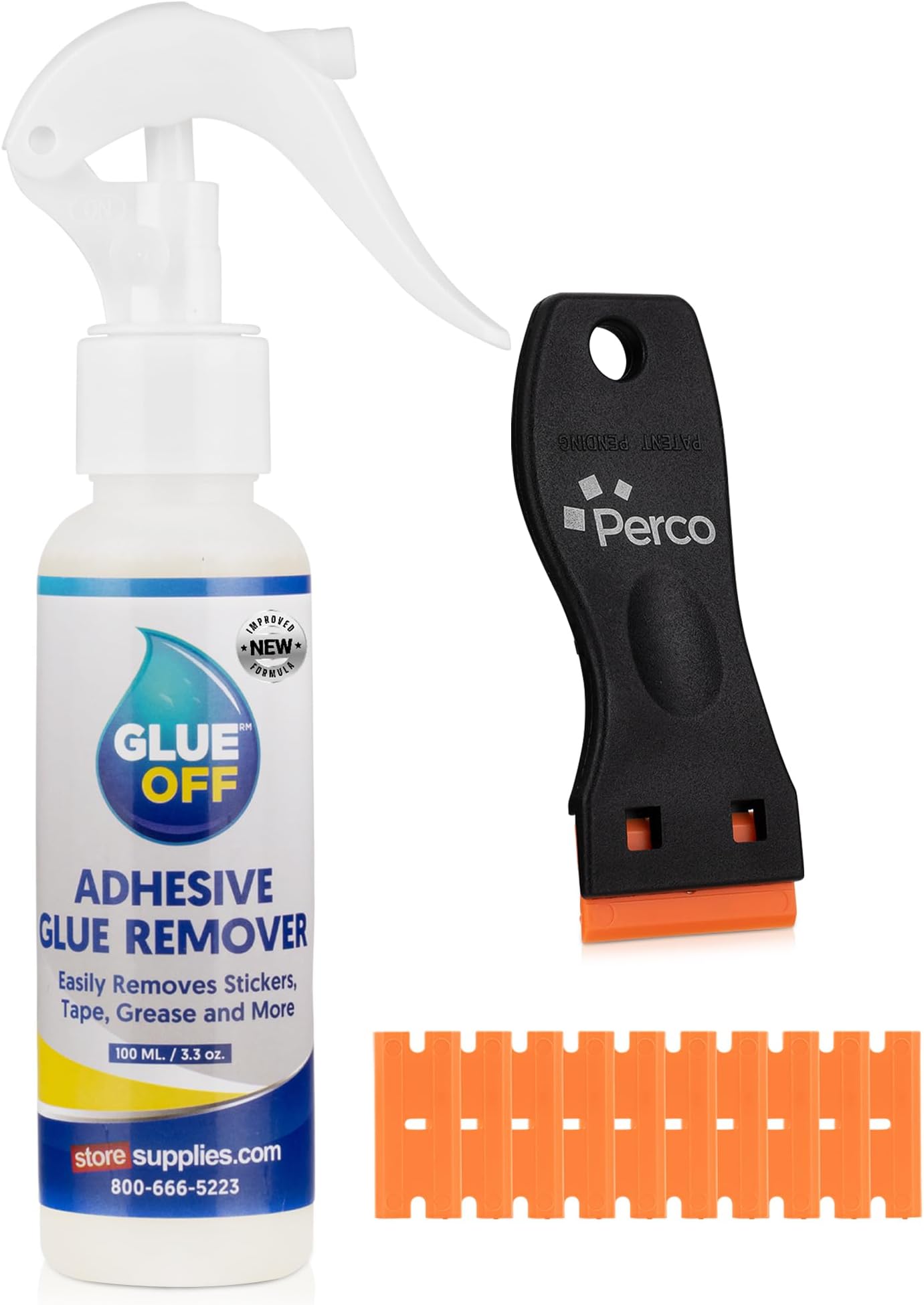 Perco Glue Off Adhesive Remover - New Stronger Formula! - 3.3 oz with Scraper & Plastic Razor | Glue Remover Spray Effortlessly Erase Adhesive Hassles & Car Stickers - for Label Sticker Residue