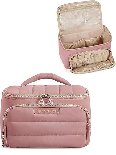 Miniatura 9 de BAGSMART Bolsa de maquillaje, bolsa de cosméticos, Púrpura, Bolsa de maquillaje de viaje de gran apertura con múltiples bolsillos