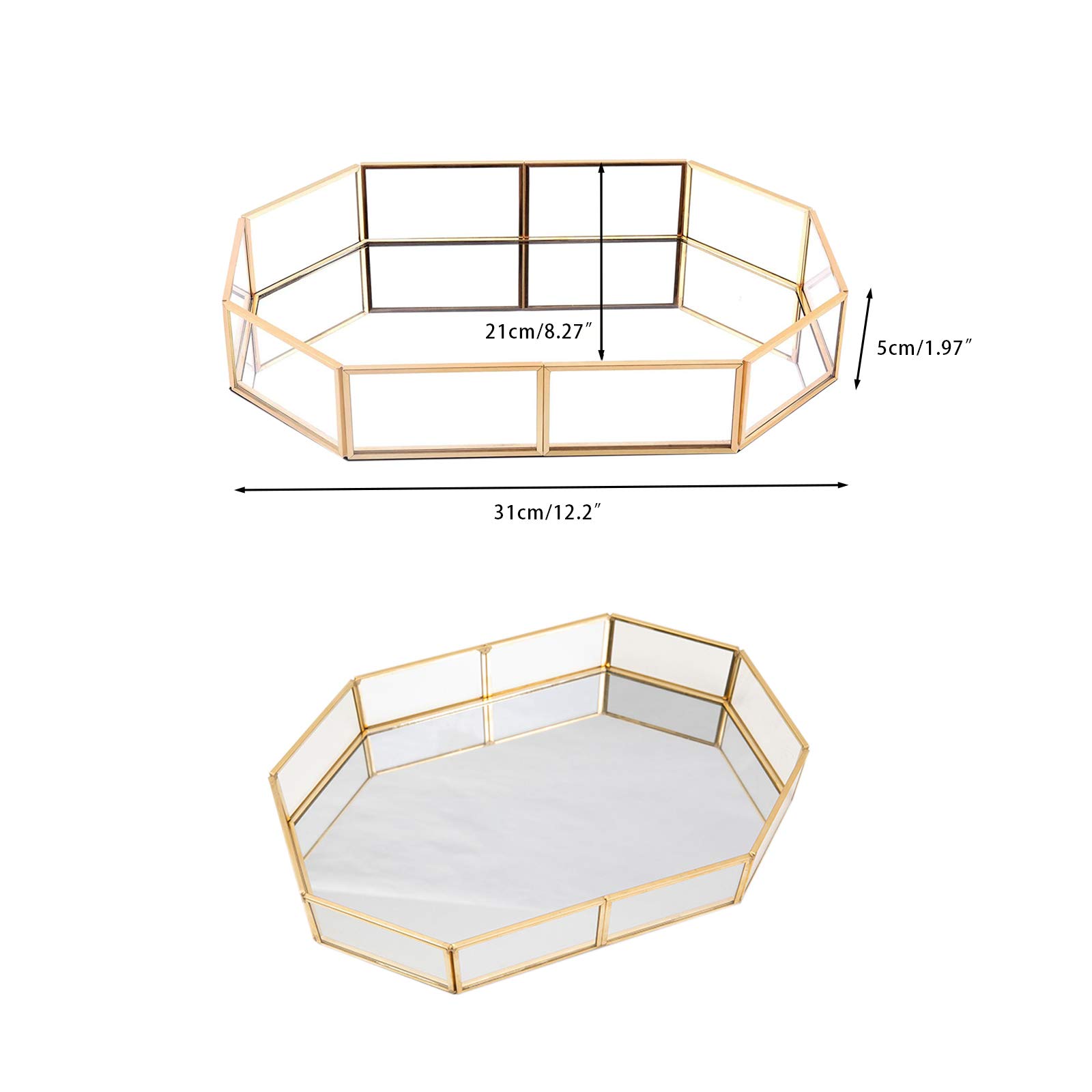 Organisateurs de Plateaux cosmétiques, Plateau de Maquillage en Miroir en Verre Polygonal, Plateau décoratif en métal pour vanité, Commode, Salle de Bain, Chambre à Coucher (Or