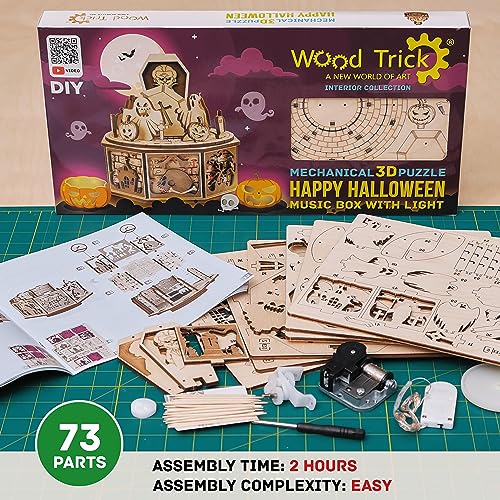 Wood Trick Halloween Wooden Music Box Kit - Addams Melody - w/Red Lighting - 3D Wooden Puzzle for Adults and Kids to Build - Engineering DIY Project Mechanical 3D Puzzle Model Kits for Adults