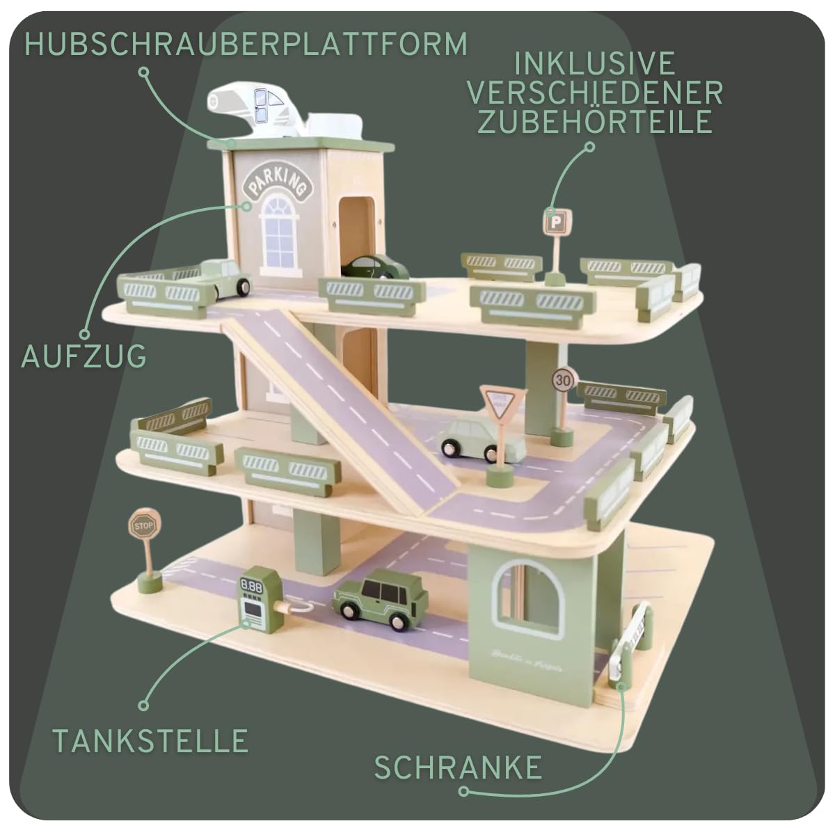 Bandits & Angels Holzspielzeuggarage Bandits Parkerlebnis mit 3 Etagen und Aufzug – inklusive 4 Autos – Spielzeugautogarage aus Holz – Retro-Grün