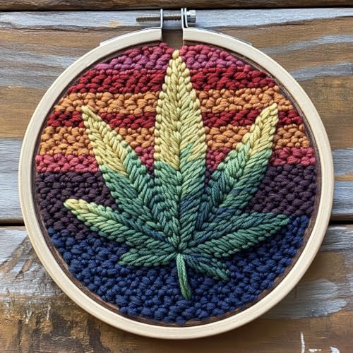 Punch Needle Kits Abstract Marijuana Leaf Easy for Beginners DIY Punch Needle Yarn Starter Embroidery Set for Craft Lovers with Printed Pattern and Hoop for Home Decor 20x20cm(1)
