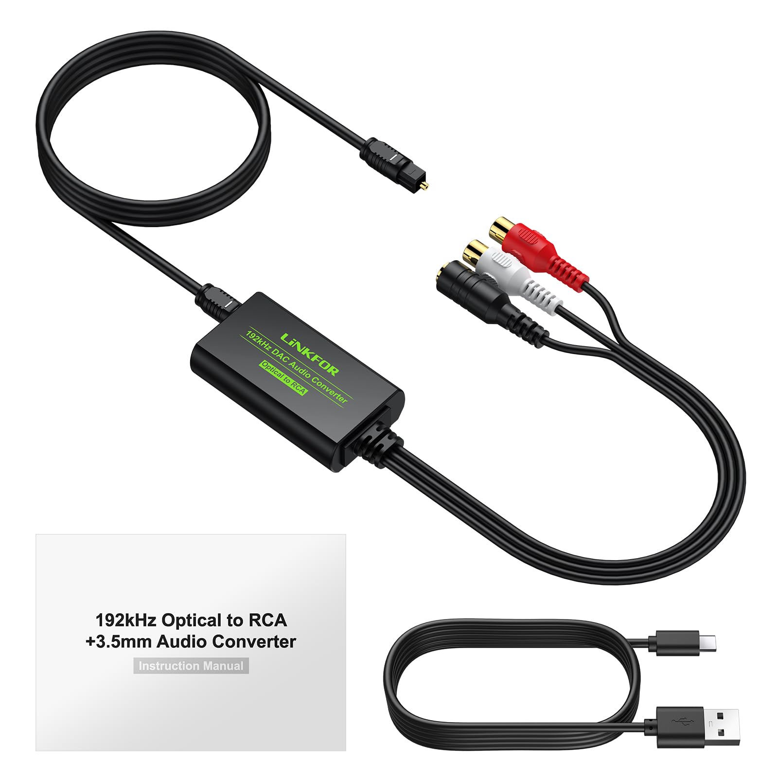 LiNKFOR 192 KHZ DAC Przetwornik z 1m kablem optycznym Konwerter z optycznego na RCA 3,5 mm Wbudowany układ wzmacniacza audio Przetwornik audio optyczny analogowy 3,5 mm do HDTV Blu Ray HD DVD TV