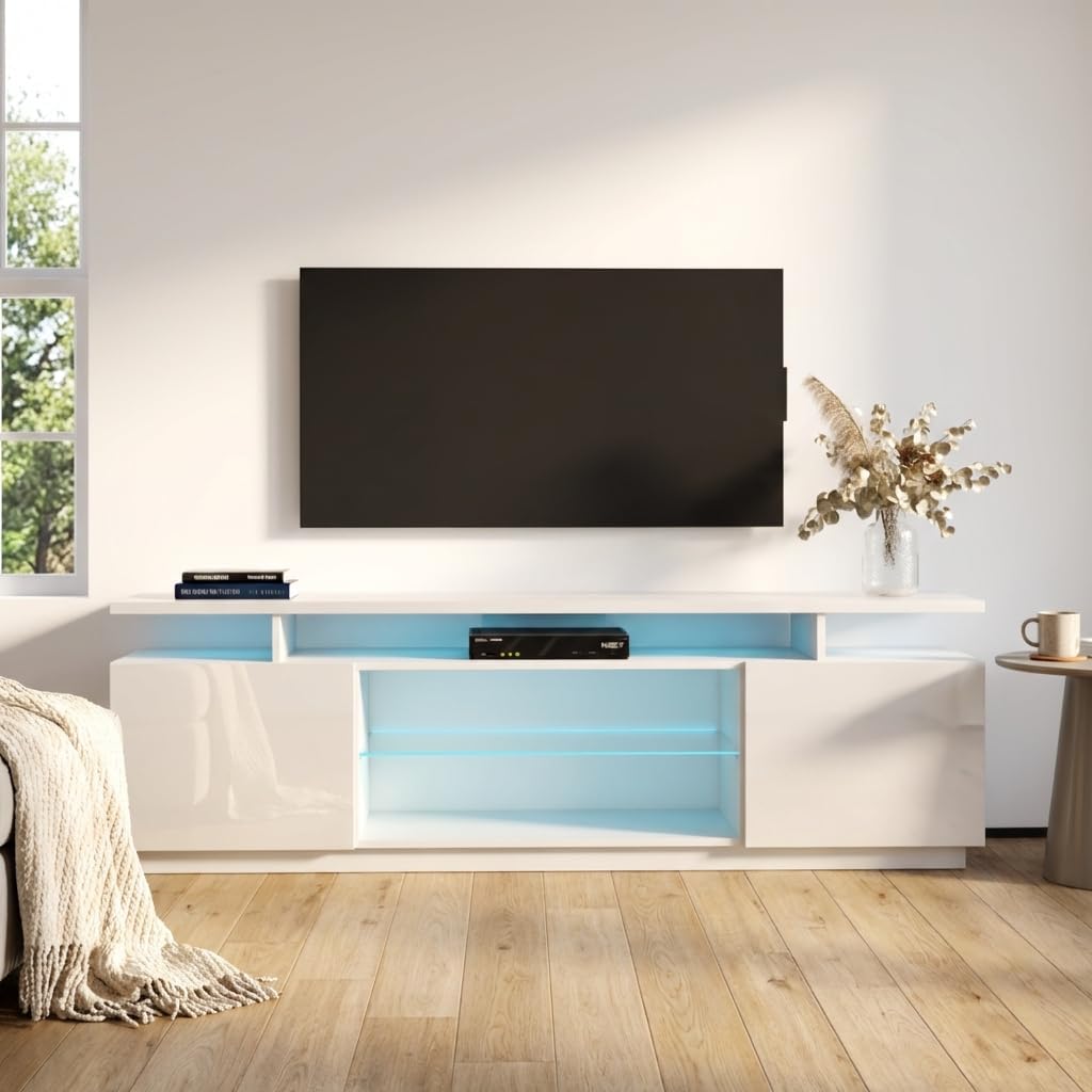 Meble Furniture Eva K Modern TV Stand — High Gloss Media Console with LED Lighting — Fits TVs up to 80", 70.9" W x 15.7" D x 20.5" H — White
