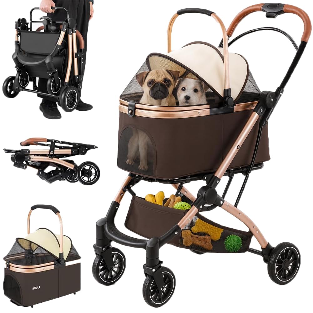 BAKAJI Passeggino per Cani e Gatti 2in1 con Navicella Rimovibile e Chiusura Salvaspazio, Carrozzina Animali Domestici con Capsula Trasportino Rimovibile e Tettuccio Apribile, Peso Max. 50kg (Marrone)