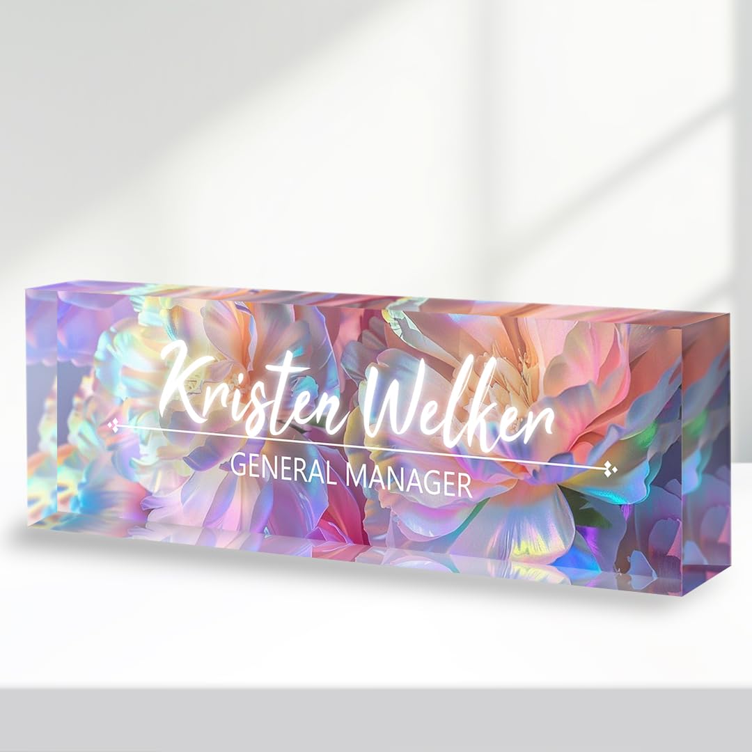 Nestura Customized Name Plates for Desk | Office Desk Name Plate Personalized | Desk Name Plate Personalized for Women | Acrylic Floral Hologram