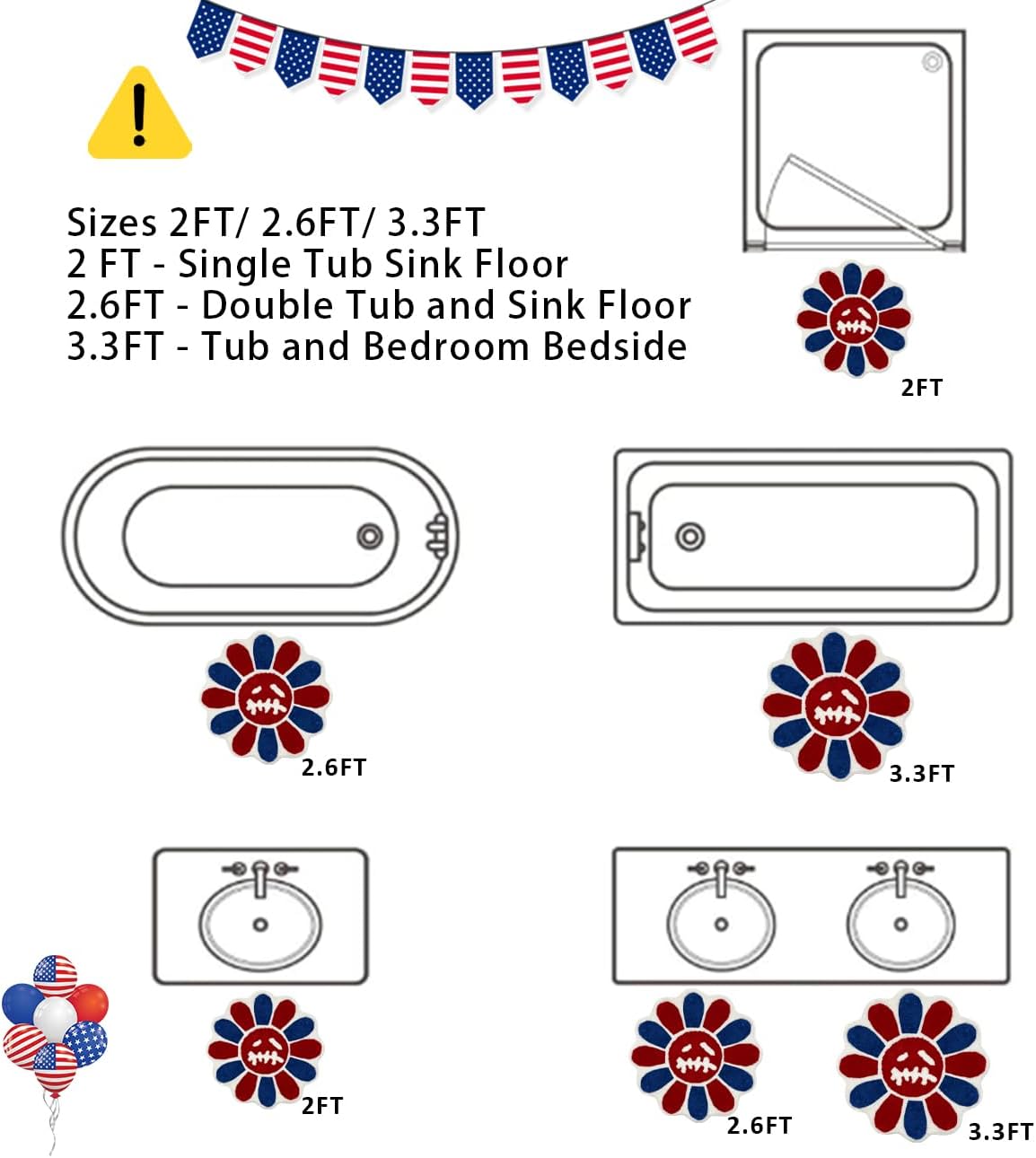 Trippy Happy Face Rug 4th of July Bathroom Rugs Patriotic Independence Day Decor Carpet Tufted Quick Dry Non Slip Bath Mats Water Absorbent 3.3FT Red Blue White Bathroom Rugs