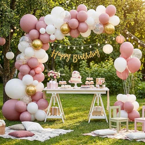 Image of RUBFAC 135pcs Dusty Pink Balloons, Latex Boho Blush Pink Balloon Different Sizes 18 12 10 5 Inch for Garland Arch Baby Shower Engagement Bachelorette Wedding Birthday Party Decorations