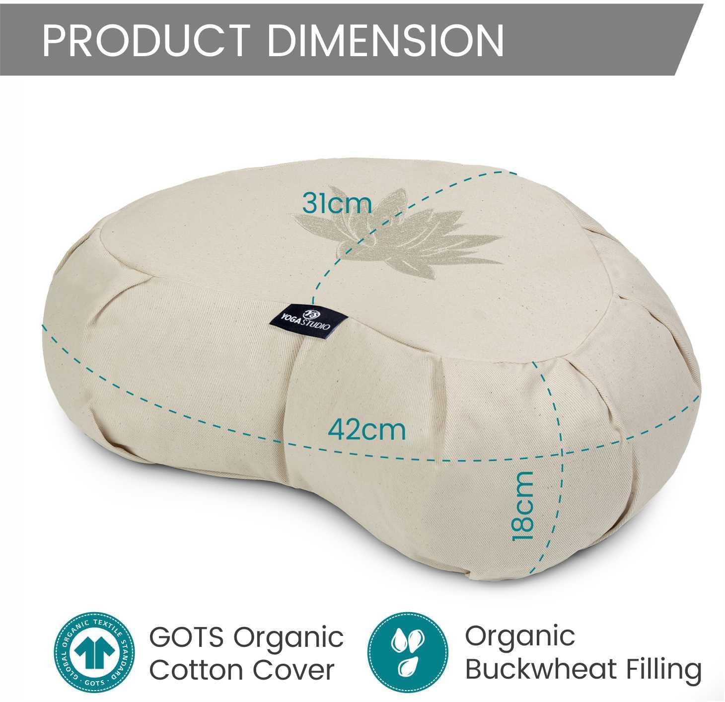 Yoga Studio Lotus Crescent Zafu - 42 x 13 x 18cm, Meditation Pouf with Cotton Cover, Buckwheat Hulls, Carry Handle. Yoga Accessories