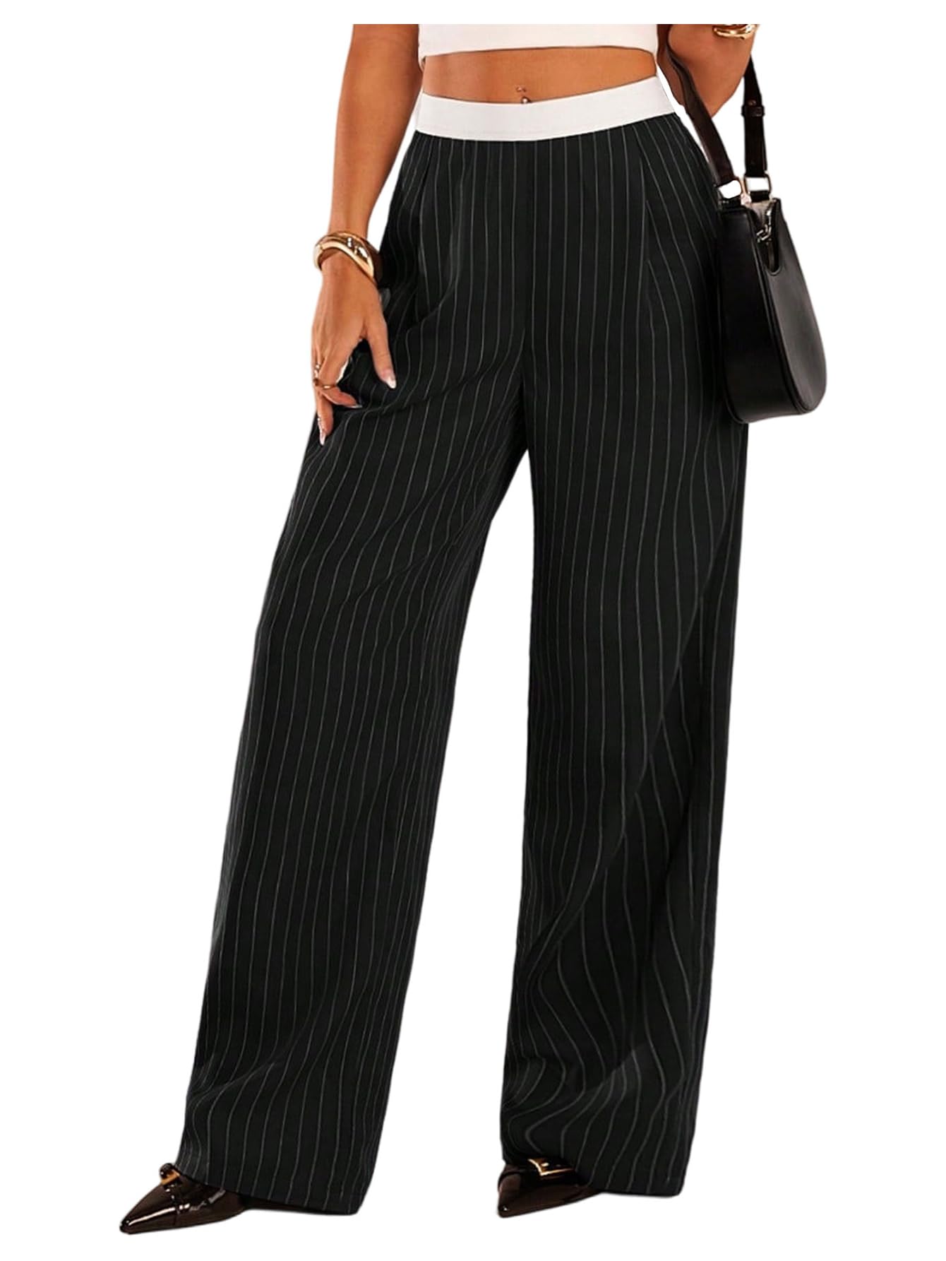WDIRARA Womens Striped Straight Leg Pants Dressy Elastic Waist Long Trousers