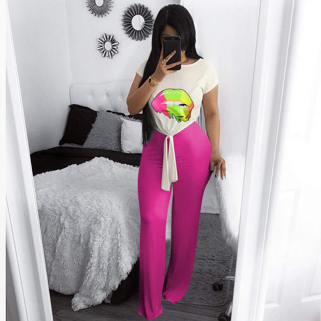 Strój do joggingu moda damska lato dwuczęściowe krótkie ubrania rękawy topy dekolt nadruk okrągły + spodnie do węzła na co dzień wyjątkowy, Czerwony, M