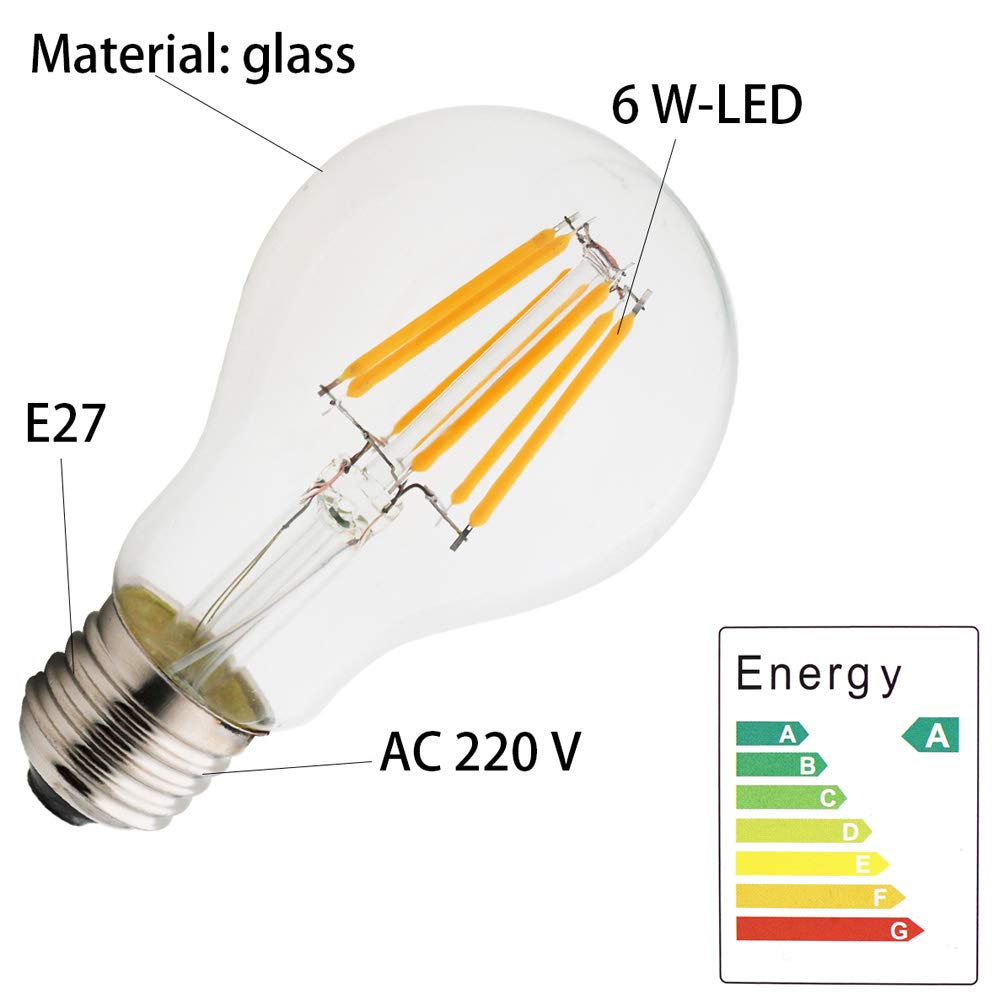 Generico Lampadine a filamento LED da 6 W, Attacco a Vite Edison E27, equivalenti a 60 W a incandescenza, Bianco Caldo 2700 K, lampadine a Globo in Vetro A60, Confezione da 10 lampadine