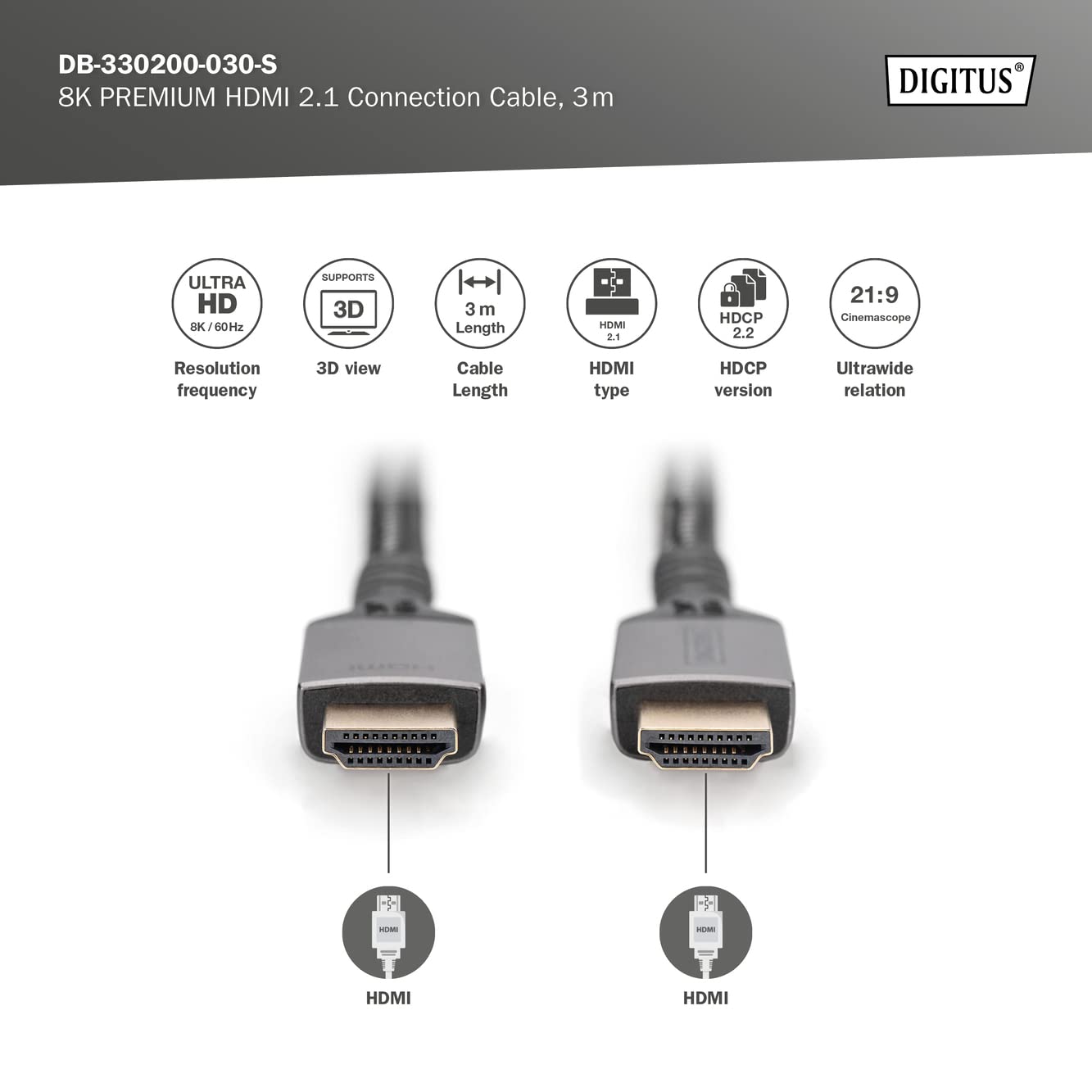 Digitus HDMI 2.1 cable, UHD-II, 3m, 8k/60Hz, 4k/120Hz, braided cable, compatible with PS5, Xbox Series, TV/projector - Image 2
