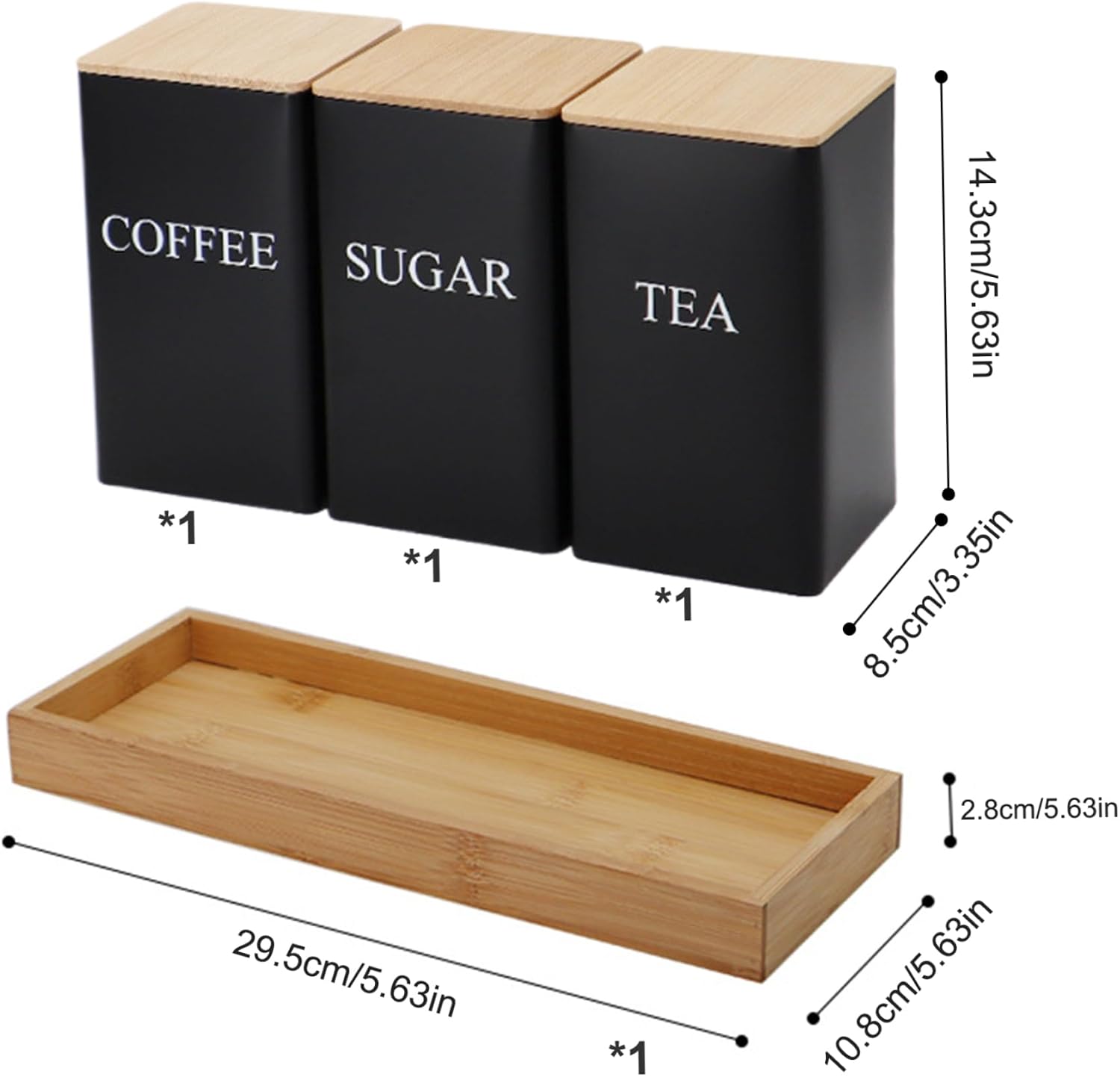 Gcroet Modern Black 3Pcs Tea Coffee Sugar Canister Set with Tray, Iron & Bamboo, Airtight Lids, Multi-Purpose, Kitchen Pantry Storage image 3