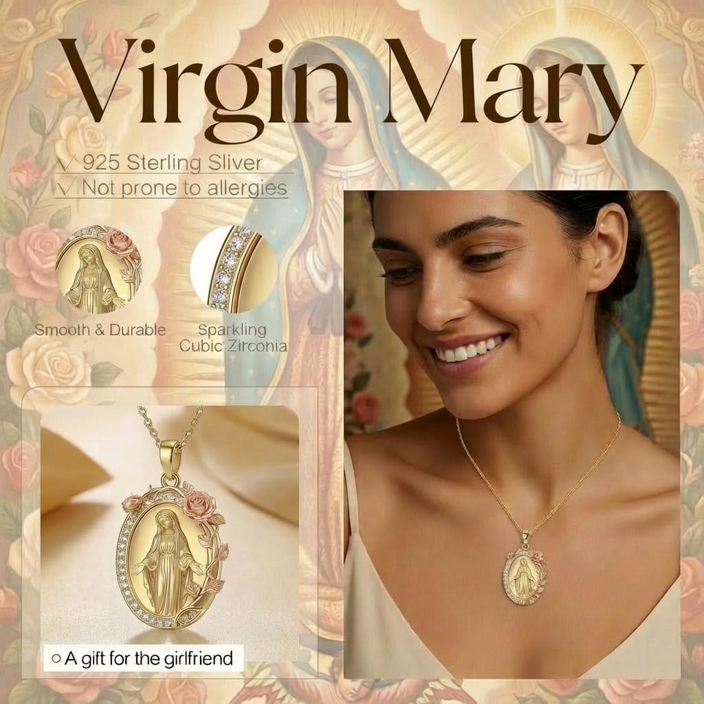 Elegant Virgin Mary Pendant Necklace, Gold Plated Oval Medal with CZ Stones and Floral Design, Inspirational Religious Jewelry Gift for Women, Christmas, Baptism, First Communion