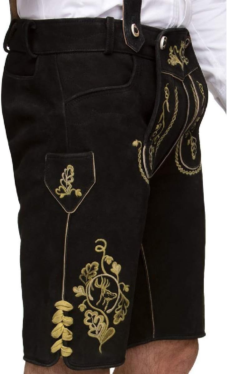 Cuir Craft Authentic Black Lederhosen German Bavarian Lederhosen Oktoberfest Short Length