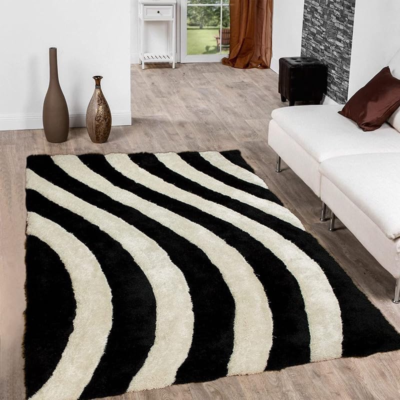 Image of Sifa Carpet Hand Made Ultrasoft Microfiber Shag Carpet - Plush Comfort & Modern Style for Living Room (3x5 Feet Black /Ivory Color)