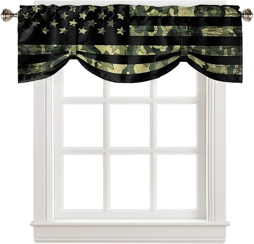 Cortinas opacas con estampado militar de camuflaje verde rústico con diseño de bandera estadounidense para ventanas de cocina, decoración de ventana