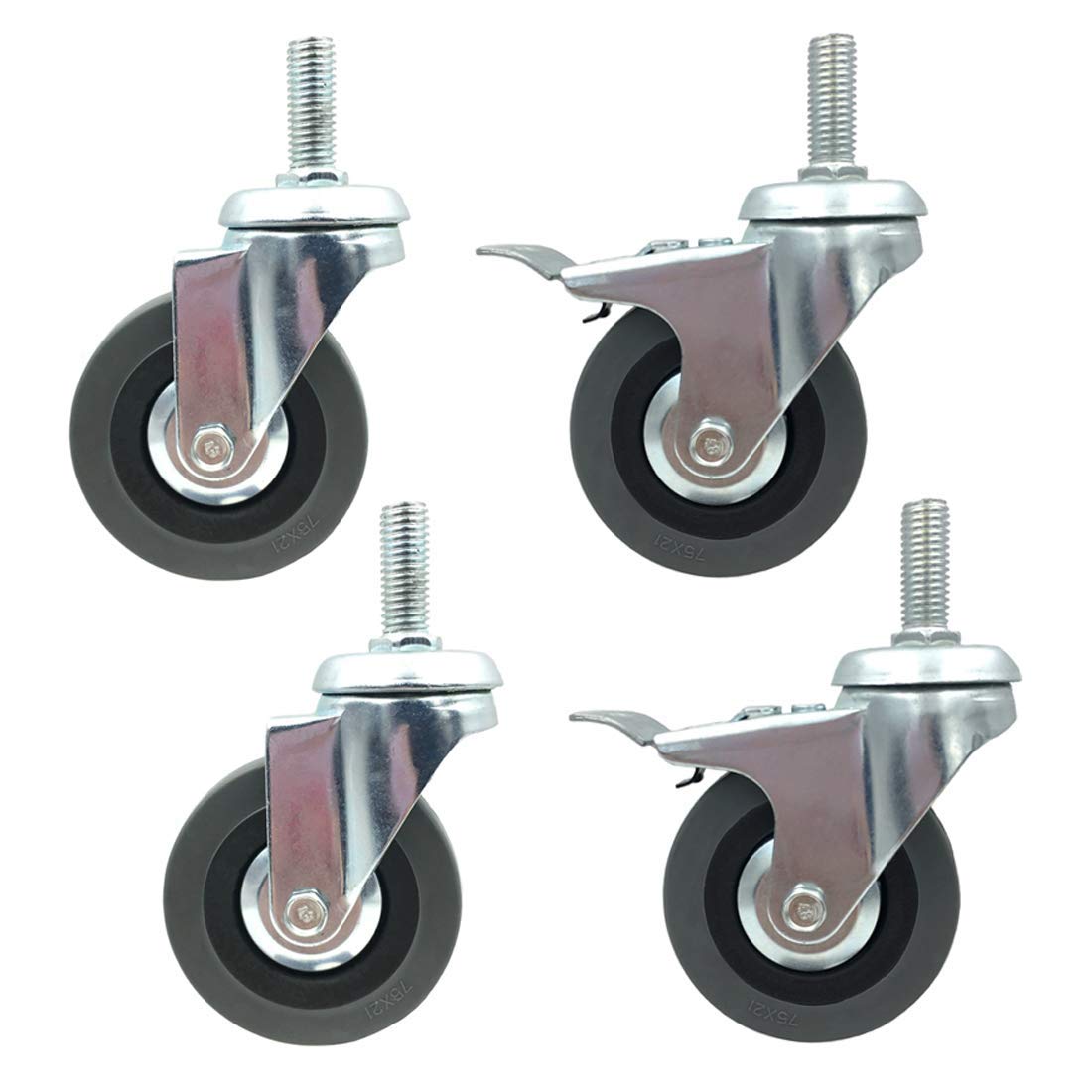 GBRJUYF High Performance 3-Inch Rubber Swivel Wheels, 75mm Trolley Casters, 120kg Load Capacity, 30mm Stem Height, Set of 4 with Brake, Ideal for Heavy-Duty Furniture & Equipment