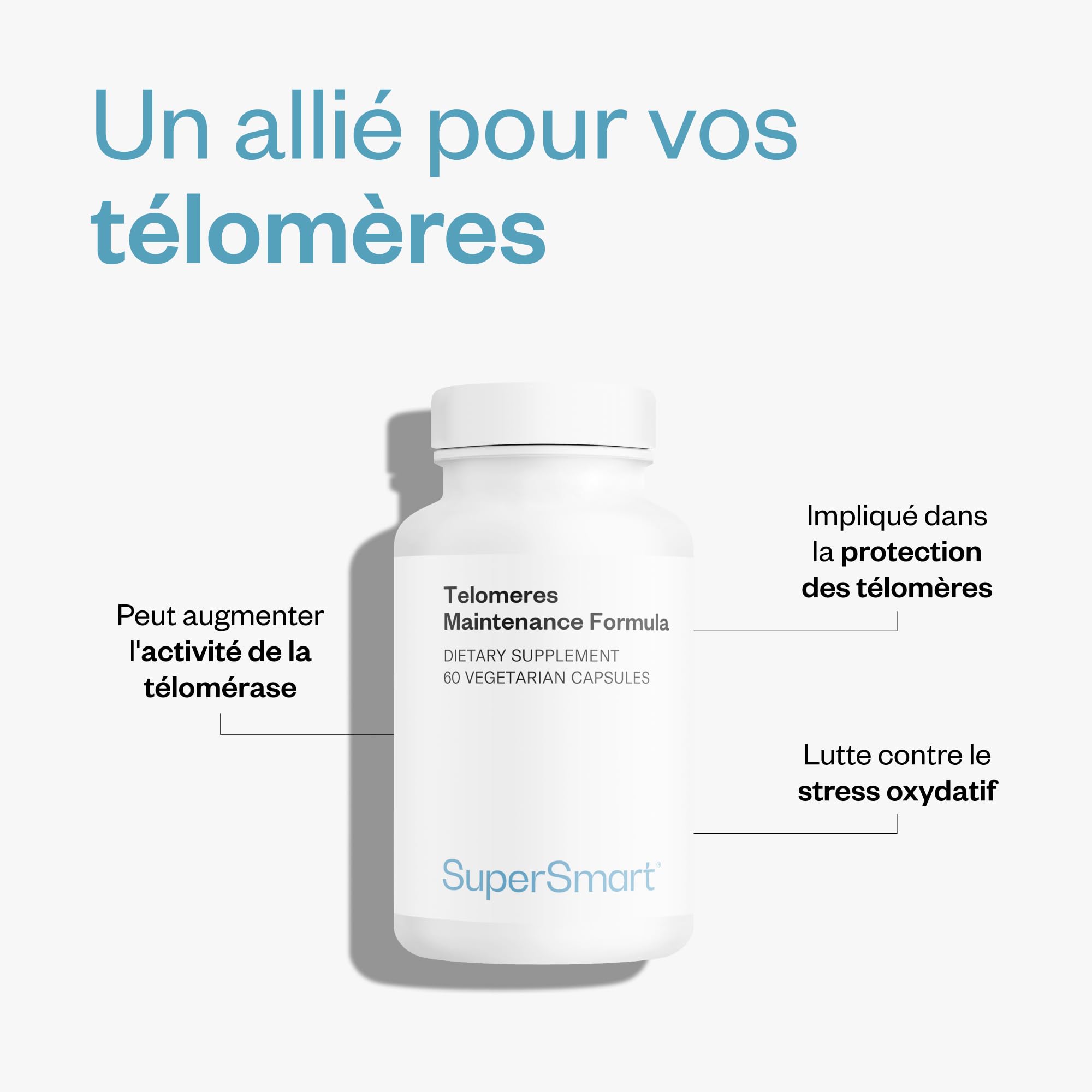 Telomeres Maintenance Formula - 60 Capsules Végétariennes - SuperSmart | Contient des Antioxydants Naturels Puissants (Catéchines de Thé Vert, Carnosine, Gamma-Tocotriénols) - Sans OGM