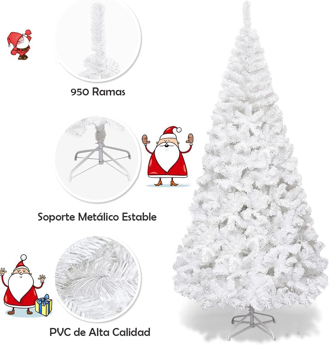 GYMAX Árbol de Navidad Artificial de 210 cm, Árbol de Navidad con Encaje de 950, Christmas Tree Artificial con Soporte de Metal, Material de PVC, Blanco