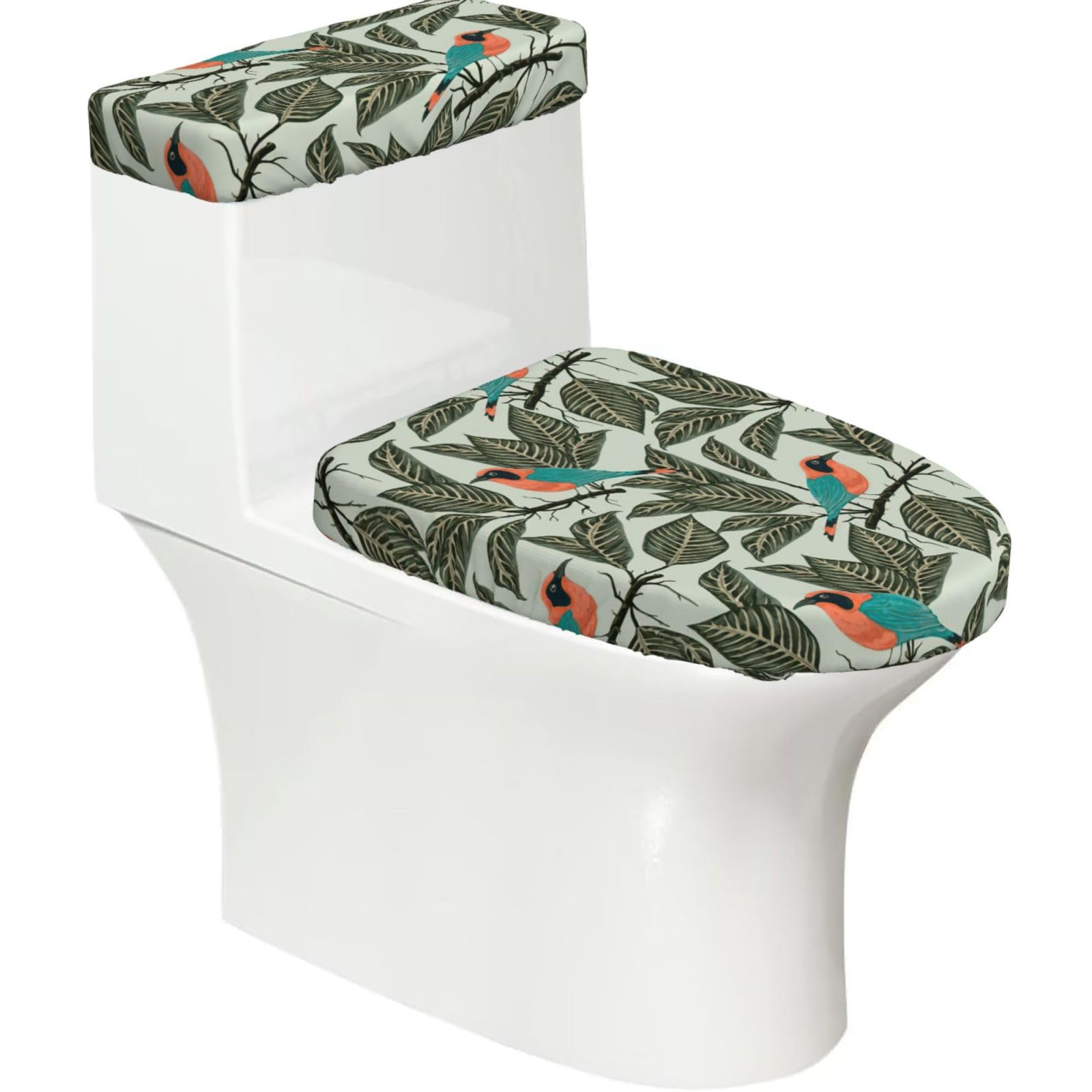 Tropical Plants Print 2-Piece Stretch Toilet Cover Set, Elastic Breathable Toilet Seat and Tank Lid Protector
