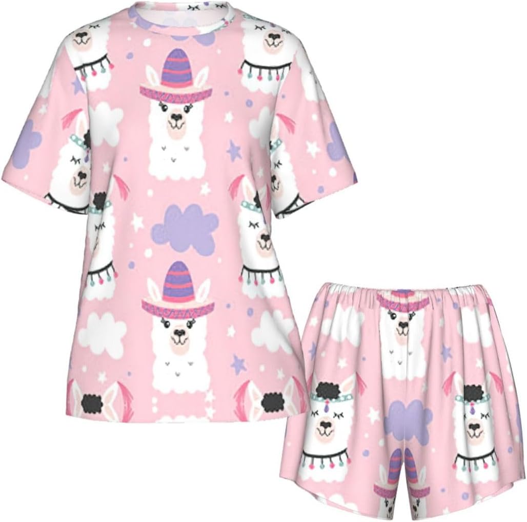 Cartoon Llama Alpaca Print Cute Short Sleeve Pajama Set For Women Casual Loungewear With Pockets Four Seasons S-3xl