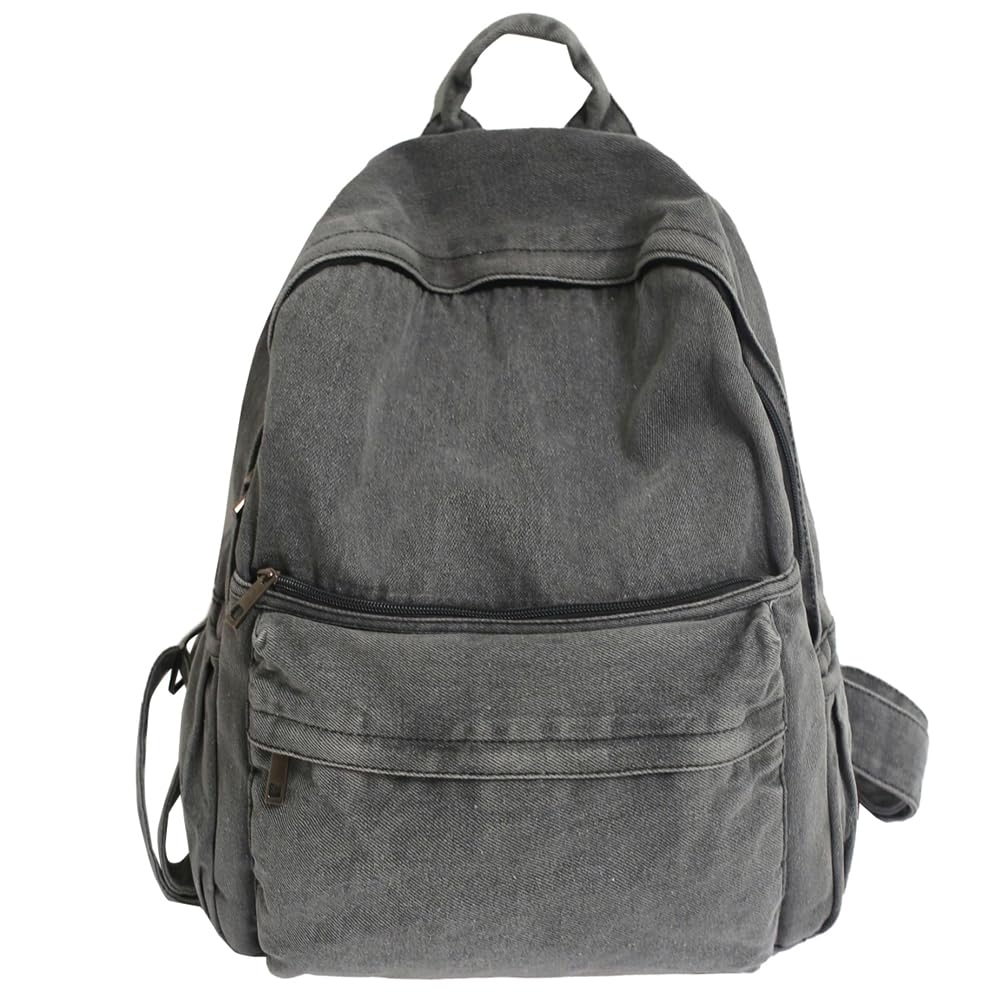 Fiorky Denim Backpack for Women Men Vintage Grunge Backpack Denim Leisure Backpack Solid Students Travel Daypack Large Capacity Zipper Vintage Backpack for Outing Hiking Shopping Casual