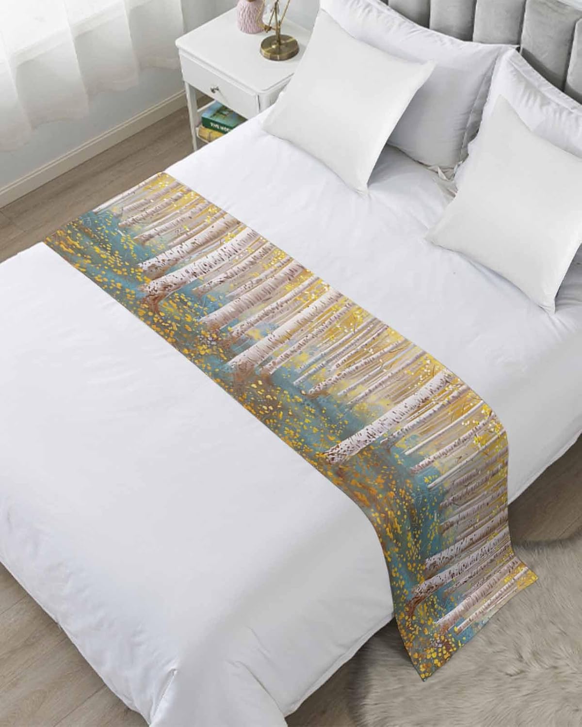 Grey Forest Tree Bed Runner Scarf Full Queen Size,Bed Throw Runners&Scarves for Twin Full Queen King Foot of Bed,Bedroom Hotel Wedding Room Decoration,Farmhouse Country Nature Scenic Painting 83"x20"