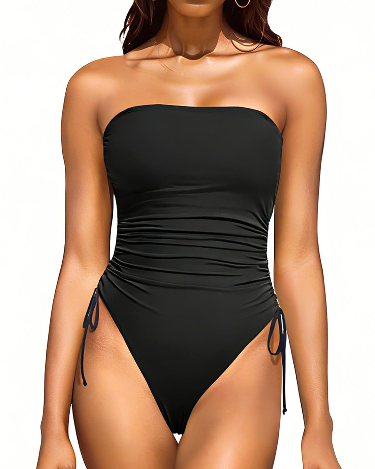 Women Strapless One Piece Swimsuit Tummy Control Bandeau Bathing Suit Cheeky Swimwear