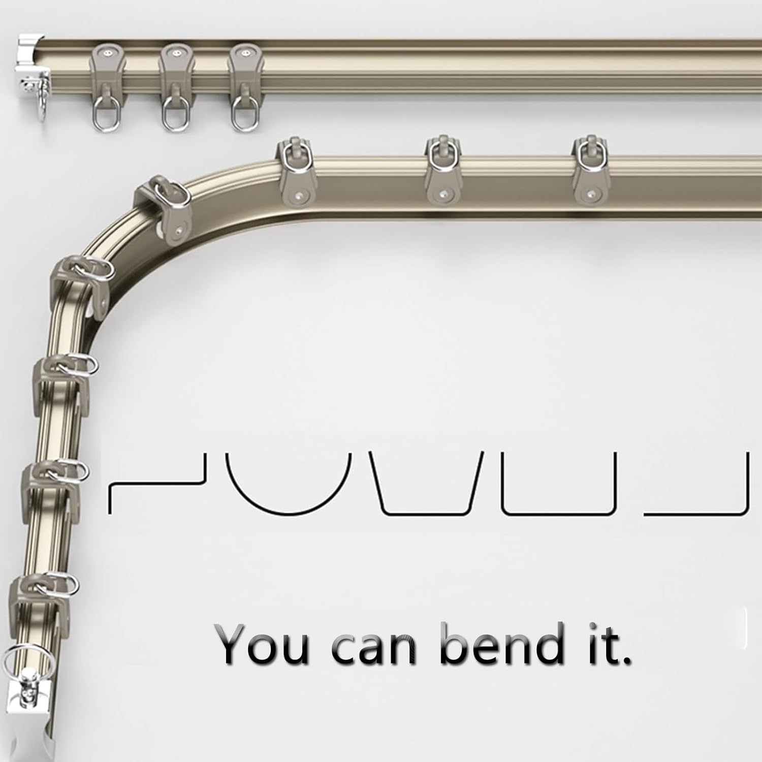 8FT Flexible Bendable Curtain Track System - Heavy Duty Room Divider Rail in Champagne Gold Finish, Ideal for Curved Designs & 1M/3.2FT Spaces, Ceiling/Walls Use