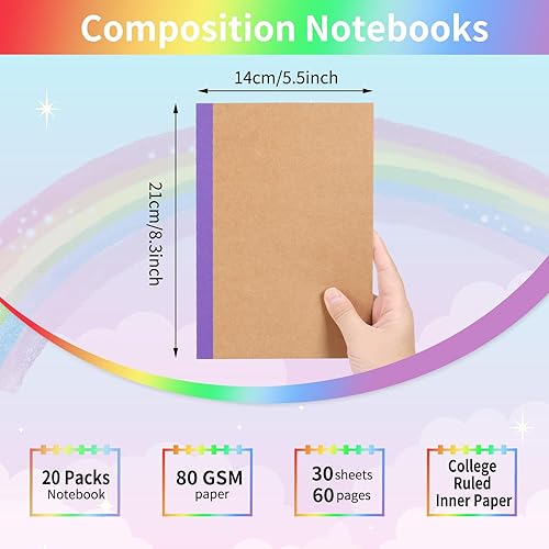 Miniatura 2 de EOOUT Paquete de 20 cuadernos de papel kraft A5, diario rayado a granel con arco iris, 10 colores, 60 páginas de tapa suave, cuadernos de
