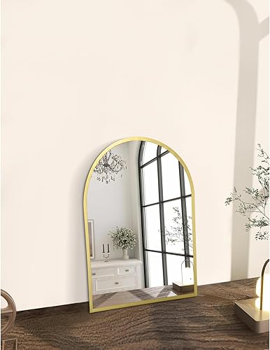 Miniatura 188 de Espejo de pared arqueado negro con marco de aleación de aluminio, espejo de baño de metal cepillado, espejo montado en la pared para sala de estar