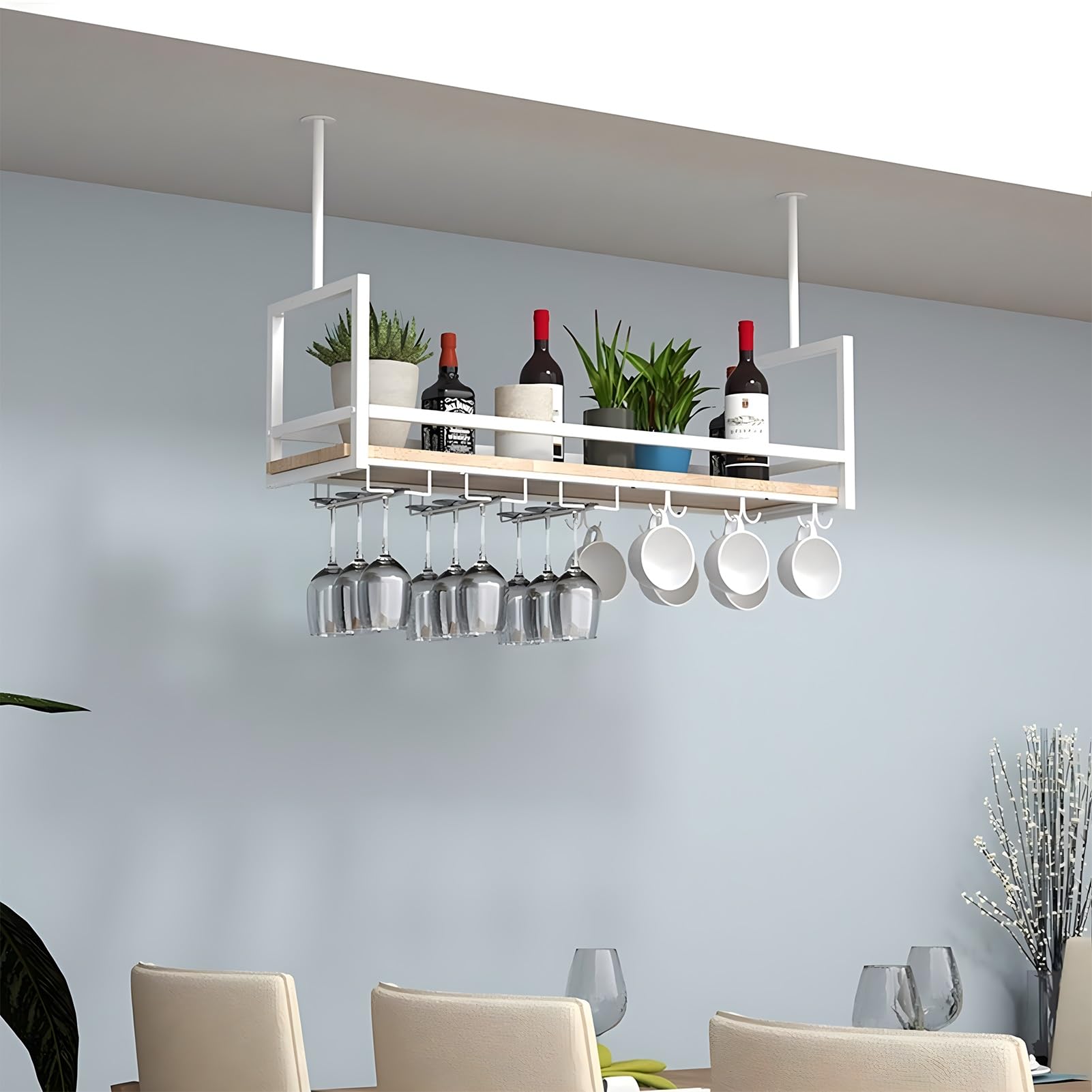 Mensole galleggianti, Mobile Bar sospeso a soffitto con portabottiglie e Supporto per Bicchieri capovolti, espositore Decorativo per Piante e Libri, Ideale per Bar, caffè e Cucina (Dimension