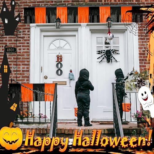 Image of 4 Pack 39 Feet Black Orange Halloween Parade Float Decorations for Trailer Car, Foil Fringe Tinsel Streamers Banner Garland for Halloween Graduation Homecoming Party Decoration (Black Orange)