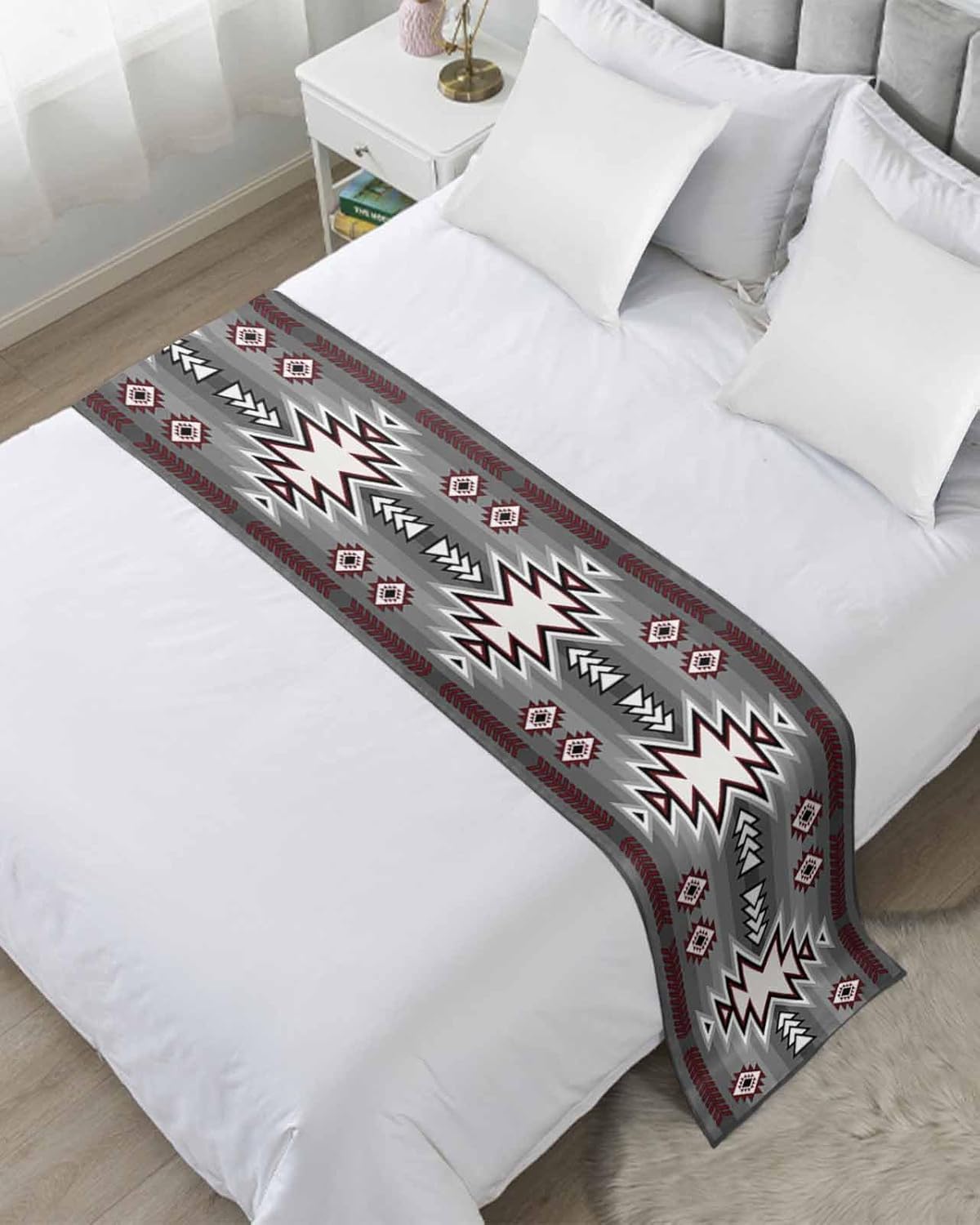 Red Grey Aztec Bed Runner Scarf Bedding Accessory For Full Size Bed,Soft Bed Scarves And Runners Stainproof Bedroom Decor For Hotel Wedding Room,Southwest Tribal Bohemian Farmhouse Morocco 83"x20"