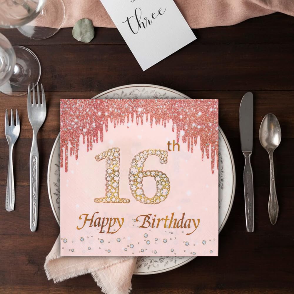 Tovaglioli 16° Compleanno Oro Rosa – 30 Pezzi – 33x33 Cm – 3 Strati – Scritta "Alles Gute Zum 16th Geburtstag" – Per Ragazze