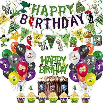 TGE-V Plants VS Zombies Party Banner, Cake Topper, Cupcake Topper, Cup Cake Wrappers, Zombies Triangle Banner,Zombies Hanging Swirls and PVZ Balloons for PVZ Party Supplies Decorations/Kids Room Decor, 119Pcs IN ALL