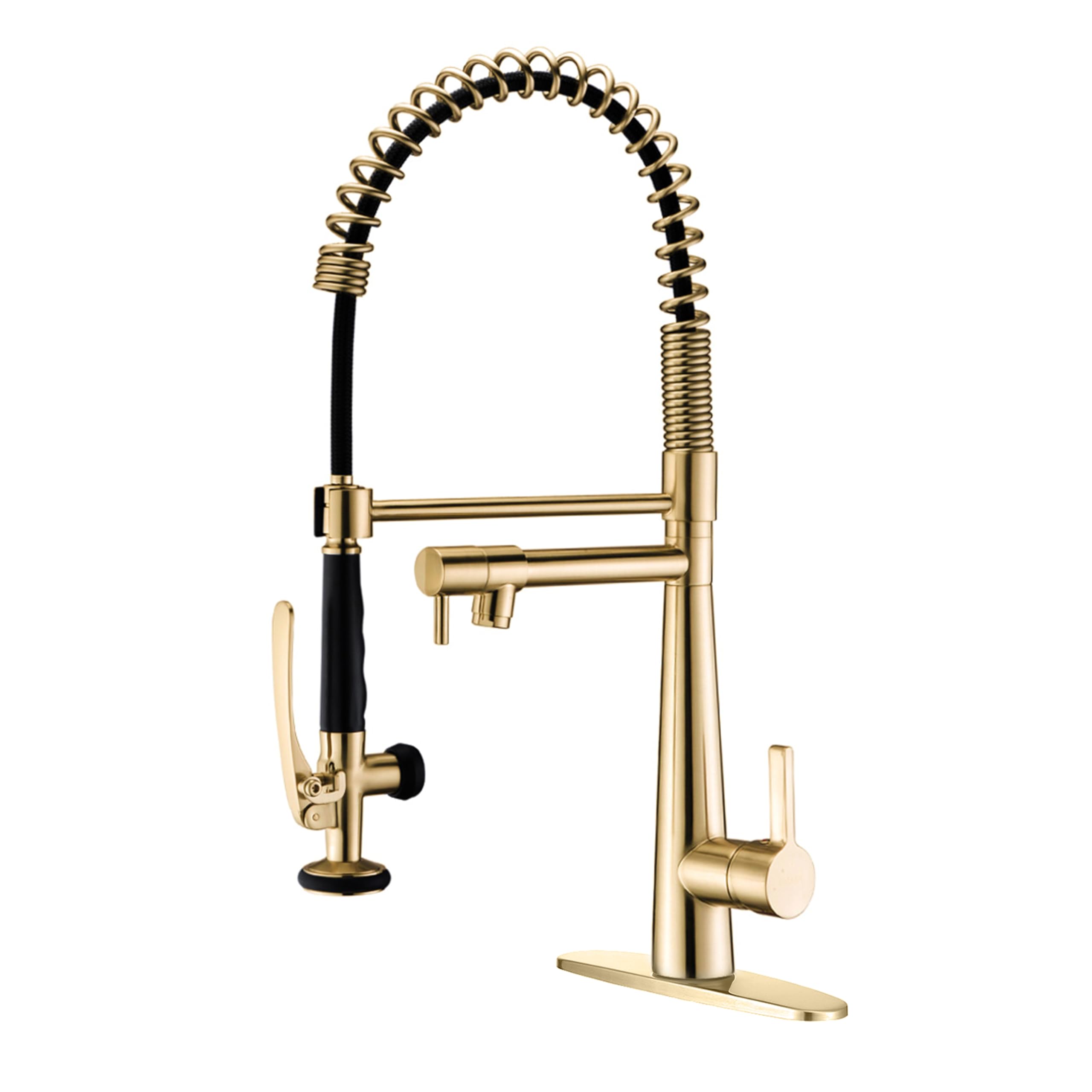 Copper Kitchen Faucet, Solid Brass Brushed Gold Kitchen Faucet, Heavy Duty Spring Pre-Rinse Single Handle Kitchen Faucets with Pull Down Sprayer and Pot Filler, Commercial Style Sink Faucet