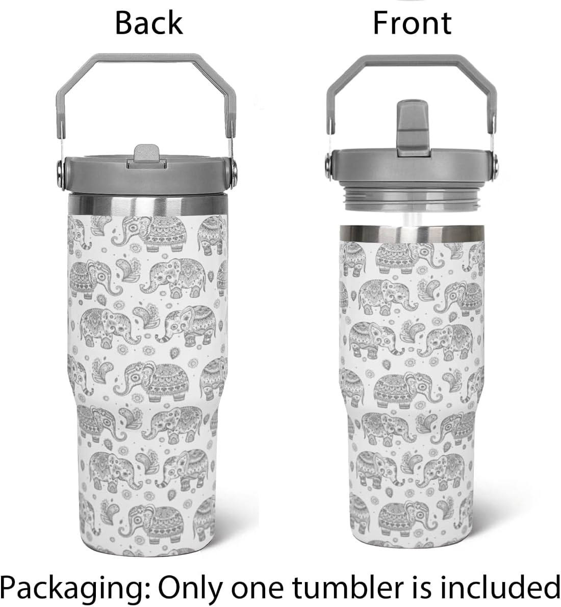 Elephant Tumbler with Handle and Flip Straw Gray Elephant Cup Insulated Leak Proof Coffee Travel Mug Water Bottle Elephants Gifts for Women Christmas Mothers Day Birthday-30 oz(1PCS) - Image 3