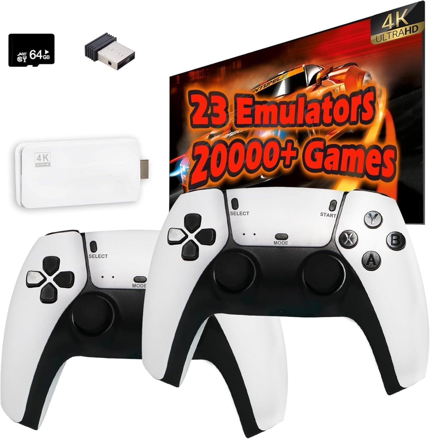 PICSTAR Ultra HD 4K Plug & Play Game Stick | 20,000+ Built-in Retro Games | 23 Emulators | 64GB Card Included | Dual Wireless Controllers | HDMI Output Video Game Console for TV