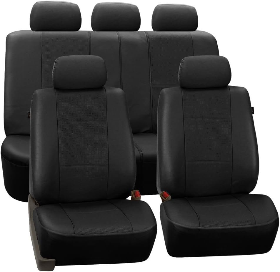 FH Group Automotive Seat Cover Deluxe Leatherette Black Car Set Cover Full Set, Interior Accessories Airbag Compatible Split Bench Tan Car Seat Covers Interior Accessories Universal Fit Car Truck SUV