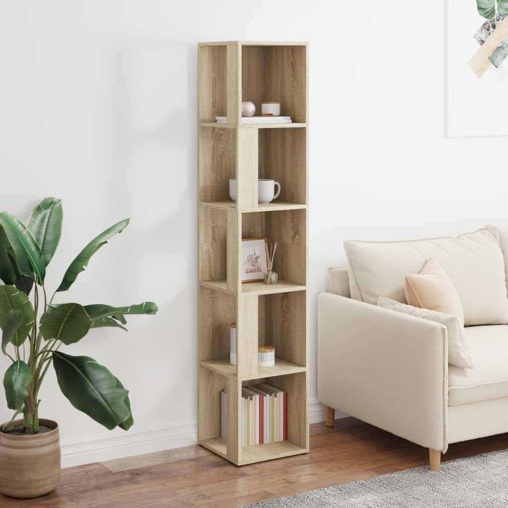 Armario esquinero de roble Sonoma 33x33x164,5 cm, estante esquinero Salón con 5 compartimientos, almacenamiento ángulo madera ingeniería para libros, CD, revistas, decoración